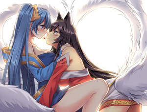 mylovelydevil,ahri,琴瑟仙女,英雄联盟,兽耳,黑发,青发,脸红,露胸,cleavage,长发,百合