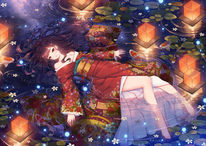 和服,fangxiang_cuoluan,原创,动物,裸足,脸红,茶发,长发