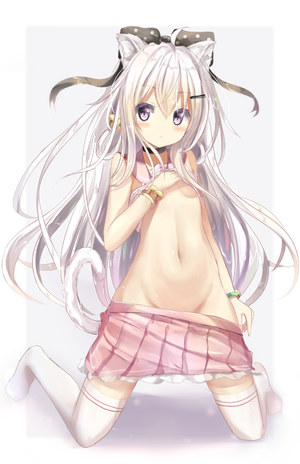 脸红,夏奈なつ,原创,长发,single,長身像,视线正对,前发,白背景,紫色眼,兽耳,白发,萝莉,猫耳