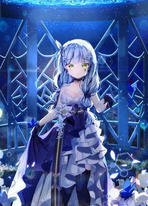 hk416,少女前線,senohime,动物,前发,露肩,黑丝,青发,脸红,露胸,蝴蝶,cleavage,连衣裙,手套,绿色眼,发饰,长发,横乳,天空,笑顔,single