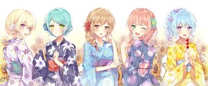 氷川紗夜,市ヶ谷有咲,松原花音,白鷺千聖,上原ひまり,次世代少女乐队企划,taya_5323203,前发,金发,青发,脸红,三股辫,绿色眼,包子头,发饰,holding,和服,长袖,视线正对,回头看,オビ
