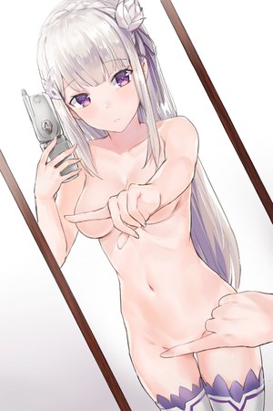 Emilia,从零开始的异世界生活,kyouki,前发,直刘海,露胸,精灵,发饰,长发,视线正对,横乳,露脐,nude,尖耳,紫色眼,银发,single,黑丝,狂気,エミリア,Re:ゼロから始める異世界生活,裸ニーソ,手ブラ