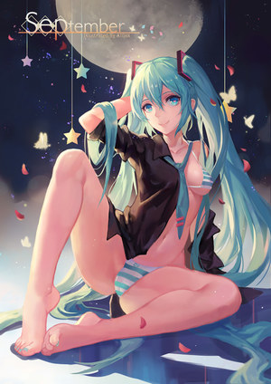 初音ミク,VOCALOID,ATDAN,裸足,水着,长发,视线正对,露脐,坐姿,笑顔,single,泳装,双马尾,Miku,同人,目がハート,尻神様,マイクロビキニ