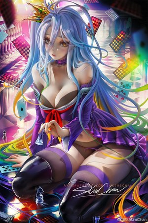 游戏人生,madhouse,白,sakimichan,single,長身像,脸红,视线正对,前发,露胸,露肩,巨乳,坐姿,holding,黄色眼,cleavage,银发,ノーゲーム・ノーライフ,しろ,nogamenolife,Shiro,おっぱい,魅惑のふともも