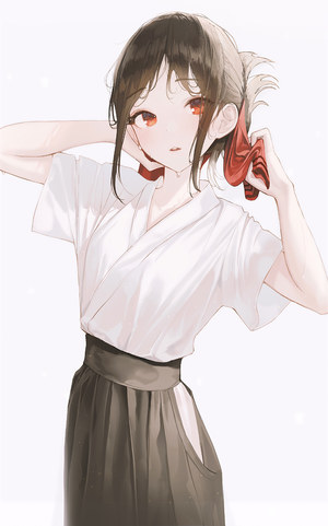 四宫辉夜,seol,前发,黑发,脸红,和服,视线正对,红色眼,缎带,single