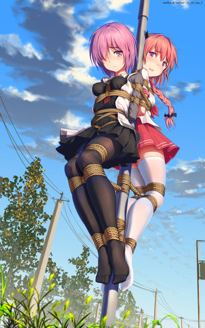 マシュ・キリエライト,fate/apocrypha,Fate/GrandOrder,Fate系列,前发,黑丝,脸红,捆绑play,三股辫,露胸,连衣裙,全身,长发,视线正对,回头看,横乳,迷你短裙,開いた口,粉发,紫色眼