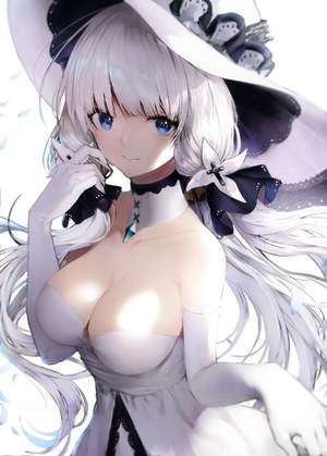 光辉,碧蓝航线,haori_iori,露肩,碧眼,露胸,cleavage,连衣裙,長手袋,手套,发饰,巨乳,长发,视线正对,花瓣,笑顔,single,白背景,白发,羽織イオ,アズールレーン,白肌,魅惑