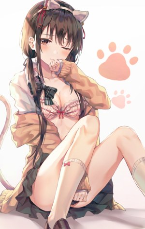 原创,ふわり,兽耳,bra,露胸,棕色眼,茶发,猫尾,cleavage,发饰,长发,视线正对,横乳,迷你短裙,one_eye_closed,衬衫,坐姿,短裙,single,双马尾,下着,白丝